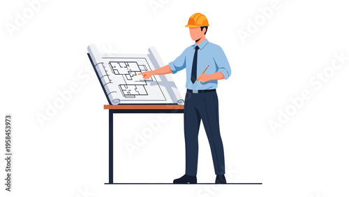 Architect at Work: An architect, clad in a safety helmet, studies and points to the blueprint of a future project. Embodying precision and innovation in the world of design.