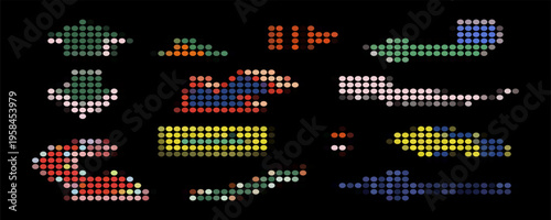 Dotted arrow icon set. Gradient dot vector isolated elements. Arrows halftone effect on white background. Vector illustration.