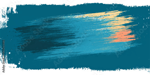 Abstract blue watercolor brush strokes create a serene nature landscape reflecting the sun and waves across a summer sea horizon under a bright cloudscape