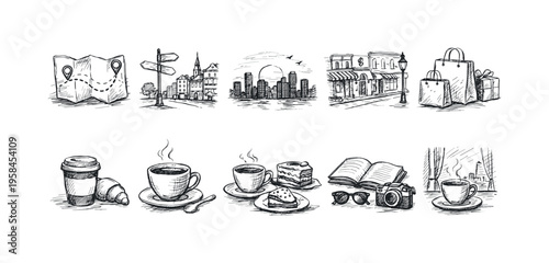 Collection of hand-drawn icons representing city break activities and scenes