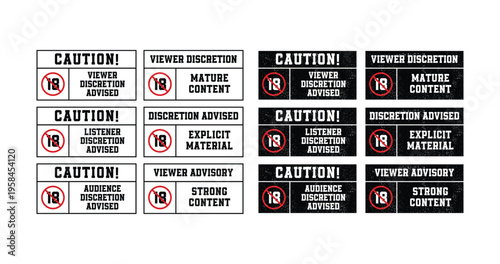 Several variations of warning signs for adult content. Vector format, available in black and white.