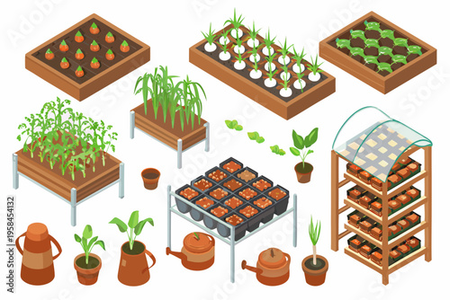 Isometric garden illustration featuring various vegetable beds and growing supplies