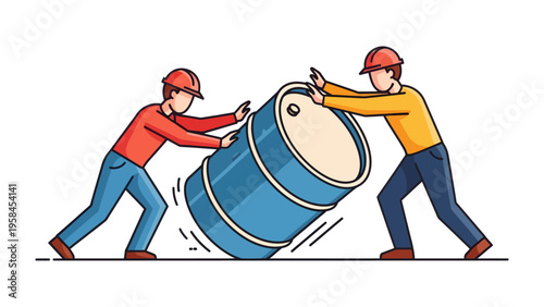 Workers Moving a Barrel: Two workers wearing safety gear are working together to move a heavy barrel, symbolizing cooperation, hard work, and industrial labor. 