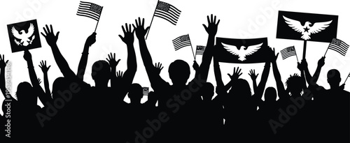 Independence day celebration silhouette with american flags waving