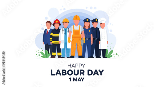 Labor Day Appreciation: A diverse group of essential workers stand united, symbolizing respect and recognition for their dedication on this special day.