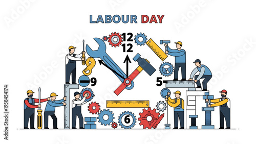 Labour Day Celebration: A creative illustration celebrating Labour Day, featuring various workers constructing a clock with tools, symbolizing time, effort, and the contributions of laborers. 