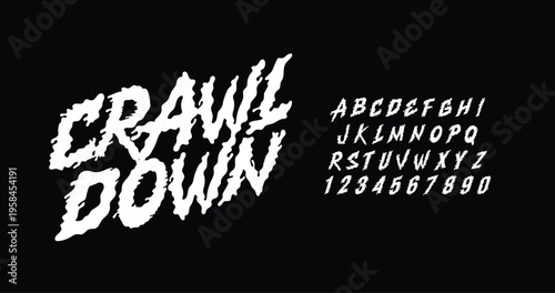 Crawl Down: Liquid-style display font with a melting effect. Features a complete alphabet uppercase and numerals. Perfect for experimental typography, posters, and creative branding.