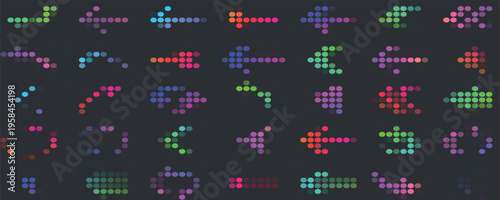 Set of isolated multicolored gradient arrows on black background. Straight, curved, rounded and dotted arrows. Vector illustration.