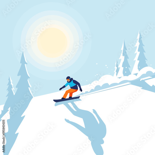 Snowboarder carving down a snow-covered slope with trees and sun in the background, winter sports illustration