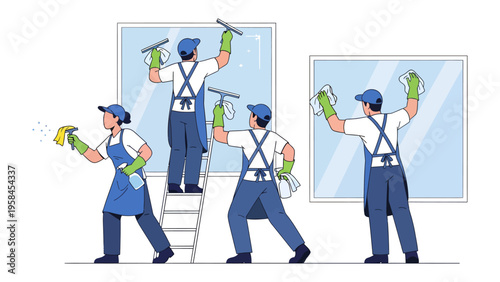 Window Cleaners at Work: A team of dedicated window cleaners, equipped with spray bottles, squeegees, and cloths, diligently tackles the task of washing windows, ensuring a streak-free shine.