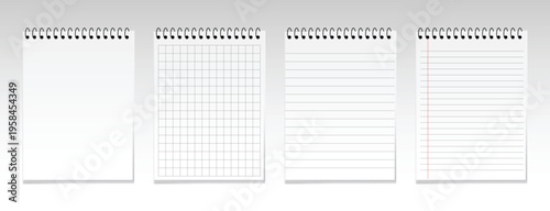 Four Spiral Bound Notebooks Showing Blank, Grid, Lined, and Ruled Pages
