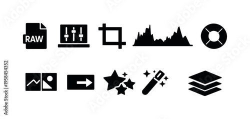 Collection of simple black icons representing photo editing and graphic design tools