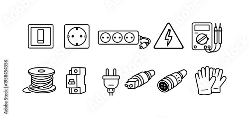 Collection of electrical components and safety icons for power and connection