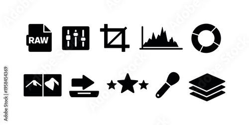 Collection of graphic design and photo editing icons in a simple black and white style