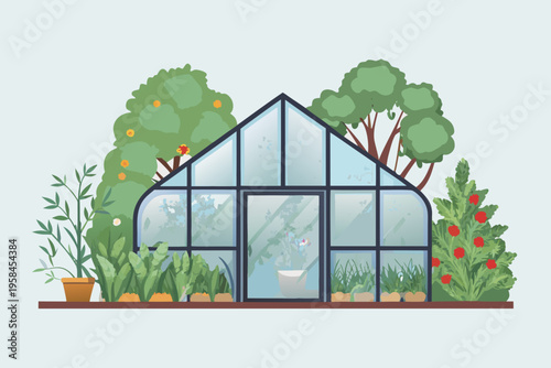 A charming glass greenhouse surrounded by lush greenery and vibrant plants