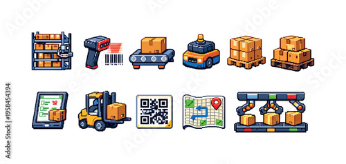 Pixel art icons representing logistics and warehouse operations in a simple style