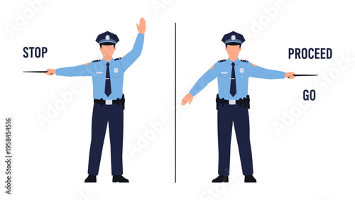Traffic Control: A graphic illustrating a police officer directing traffic, conveying the stop and proceed commands, ensuring order and safety.