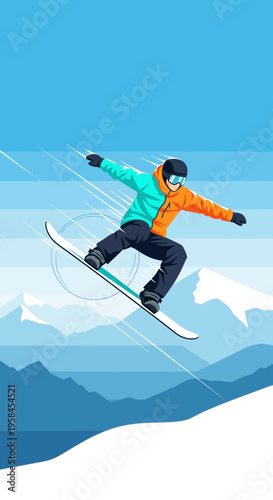 Illustration of a snowboarder in mid-air performing a trick against a backdrop of snowy mountains, embodying the spirit of winter adventure