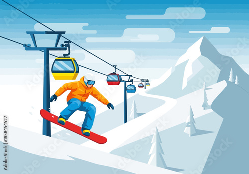 Snowboarding down a snowy mountain slope with ski lift in the background and clear sky