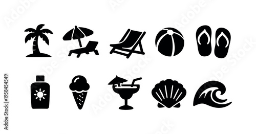Collection of simple black icons representing beach vacation and summer activities