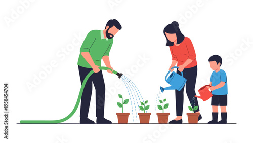 Nurturing Growth: A family waters young plants in a garden. A heartwarming scene of a family bonding and tending to the growth of new life, symbolizing care, cultivation.