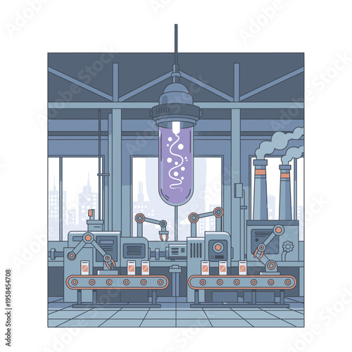 Automated Factory Production Line with DNA Helix in Test Tube.