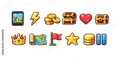 Collection of pixel art game icons featuring treasure, rewards, and gameplay elements