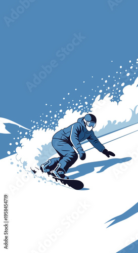 Dynamic illustration of a snowboarder gracefully carving down a snow-covered mountain slope, showcasing the exhilarating freedom of winter sports against a vibrant blue sky