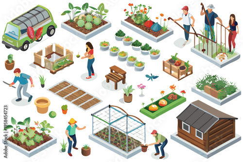 Isometric illustration of a community garden with people and various plants