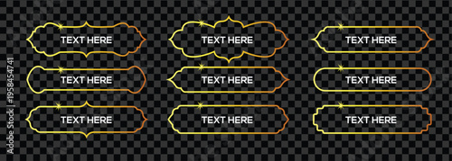 Set of six ornate golden arabic style frames with text placeholders on transparent background