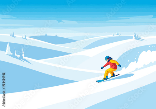 A person snowboarding down a snowy slope on a bright, clear day, with rolling hills and a blue sky in the background, capturing the joy of winter sports