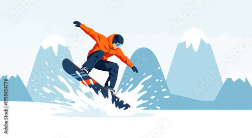 Man snowboarder performing an aerial jump amidst snow splashes and snowy mountain backdrop, dynamic winter extreme sports illustration