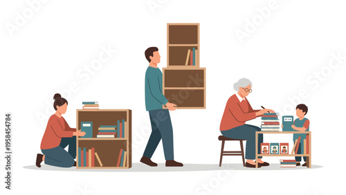 Assembling Bookshelves: A multigenerational family engages in a heartwarming activity, assembling bookshelves filled with literary treasures.