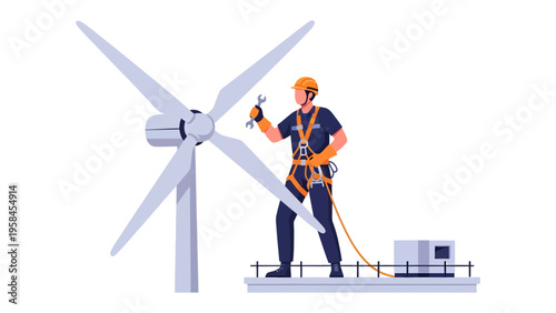 Renewable Energy Technician at Work: An industry professional is diligently working to maintain a colossal wind turbine.