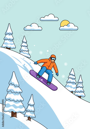 Winter snow sport illustration of a person snowboarding down a snowy slope with trees and clouds in the background on a sunny day