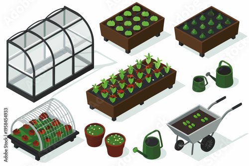 Isometric garden elements including greenhouses planters and gardening tools