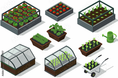 Isometric illustration of various garden beds greenhouses and gardening tools