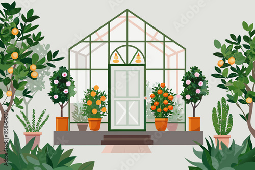 A quaint greenhouse with vibrant citrus trees and lush garden foliage