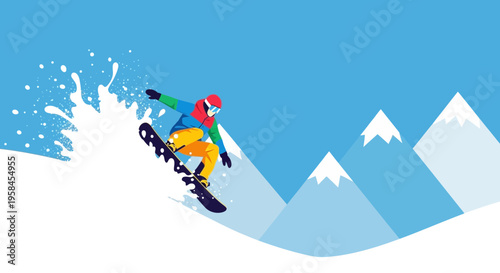 Exciting winter sport action shot of a snowboarder mid-air, spraying snow against a backdrop of majestic mountains under a clear blue sky