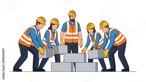 Teamwork in Construction: A collaborative construction crew meticulously builds a foundation, each member contributing to the task with focus and precision.