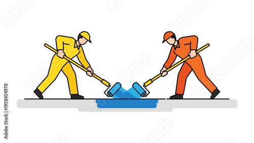 Cooperative Builders at Work: A dynamic illustration showing two construction workers, in yellow and orange attire, diligently collaborating to apply blue paint using roller tools.