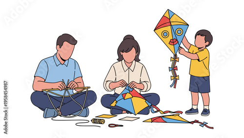 Family Kite Crafting: A family enjoys a delightful afternoon of kite making. The scene evokes a feeling of togetherness, shared creativity, and outdoor fun.