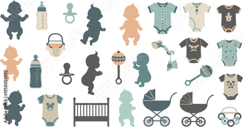 Baby essentials and clothing vector illustration set with infant silhouettes, bodysuits, pacifiers, bottles, strollers, and nursery items for newborn care design.