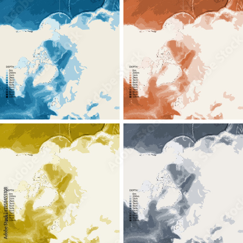 Arctic Distances Bathymetric Ocean Depth Map - Azimuthal Equidistant Projection - Scalable Multi-Color Seafloor Relief Topography with Depth Legend Showing Continental Shelves Mid-Ocean Ridges and