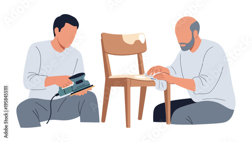 Chair Restoration Process: Two individuals dedicated to rejuvenating a wooden chair, employing sandpaper and a polishing cloth to meticulously remove imperfections, breathe new life into furniture.
