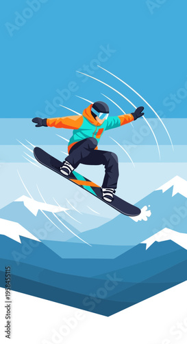 Snowboarder executing a jump against a backdrop of snow-capped mountains and clear blue sky, conveying action and winter sports excitement