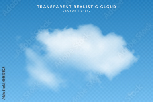 Realistic cloud isolated on a transparent background. Fluffy cloud with smooth, blurry edges and natural light. Realistic 3D cloud overlay effect. Vector