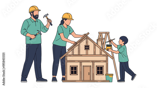 Family's Dream House Construction: A family working together to build a dream house, each member contributing to the construction process. It's a symbol of unity, hard work.