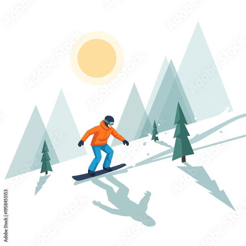 Illustration of a snowboarder enjoying a thrilling descent down a snowy mountain, featuring stylized peaks and a bright sun, perfect for winter sports and adventure themes