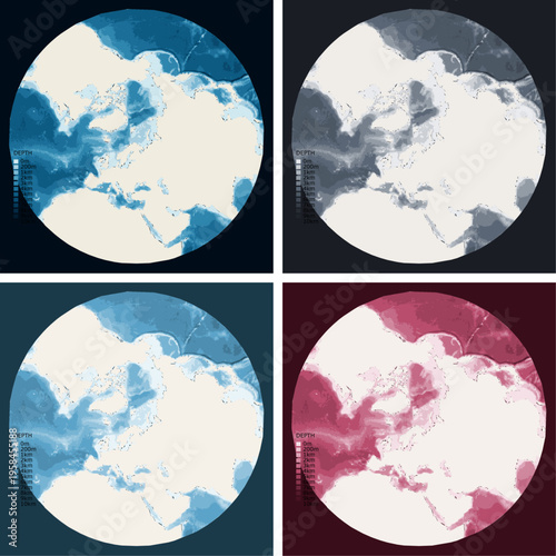 Arctic Shipping Routes Bathymetric Ocean Depth Map - Stereographic Projection - Scalable Multi-Color Seafloor Relief Topography with Depth Legend Showing Continental Shelves Mid-Ocean Ridges and